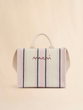  Cream Pink And Blue Striped Raffia-effect Small Tote Bag. Silk White/macaroon/blue China
