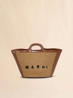  Tropicalia Small Bag In Brown Leather And Raffia-effect Fabric Rawsienna