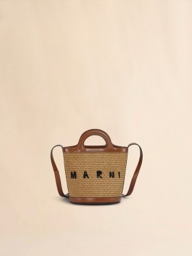  Tropicalia Small Bucket Bag In Brown Leather And Raffia-effect Fabric Rawsienna