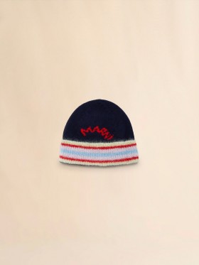  Deep Blue Wool Beanie With Striped Turn-up Ultramarine