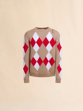  Beige Crew Neck Wool Jumper With Argyle Motif Winterwheat