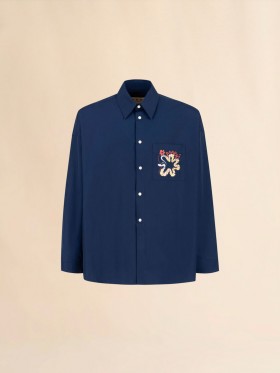  Deep Blue Cotton Long-sleeved Shirt With Snake Print Lightnavy