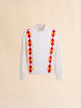  Long Sleeved Ivory Polo Shirt With Intarsia Argyle Detail
