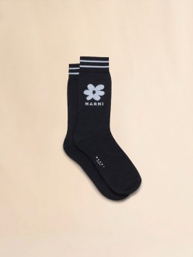  Cotton Socks With Light Blue Jacquard Flower Detail Black