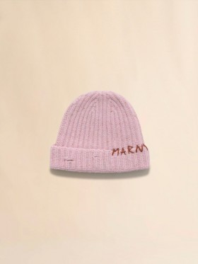  Pink Shetland Wool Beanie With Marni Mending Peony