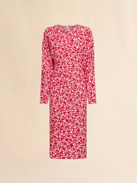  Satin Midi Dress With Red And White Pop Fields Motif