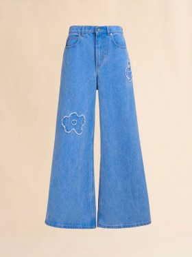  Light Blue Denim Wide Leg Jeans With Patch Detail Cobalt