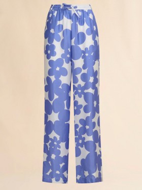  Silk Pyjama Trousers With White And Light Blue Dillies Print Blue Lilac