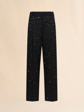  Straight Cut Wool Trousers With Bead Detail Black