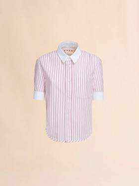  Short Sleeved Red And White Striped Cotton Poplin Shirt