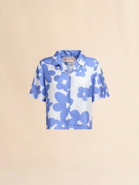  Silk Bowling Shirt With Blue And White Dillies Motif Blue Lilac