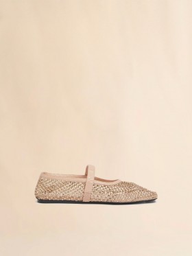 Beigefarbene Mary Jane-Ballerinas aus Netzstoff mit Kristallen in Kamelbraun